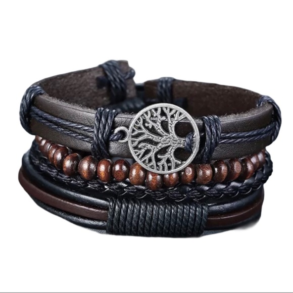 Boho Leather Bracelets 4 Piece Tree of Life Black and Brown OS NEW - Picture 3 of 6